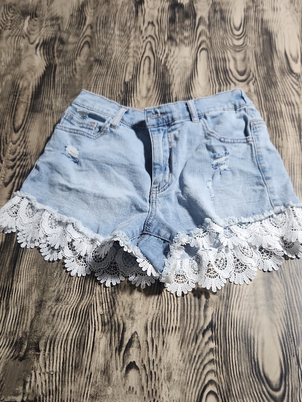 Light Wash Denim Shorts with White Lace Trim - Women